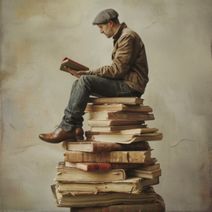 Man sitting on books reading