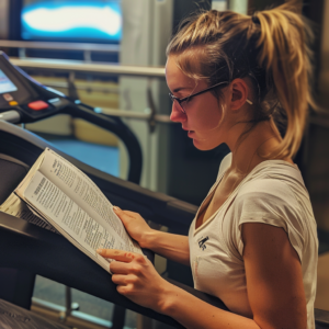 Girl studying on treadmill