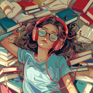 Girl laying on books with headphones on